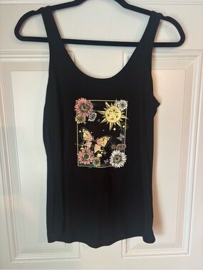 No Boundaries Black Tank with Sun, Butterfly & Floral Graphic